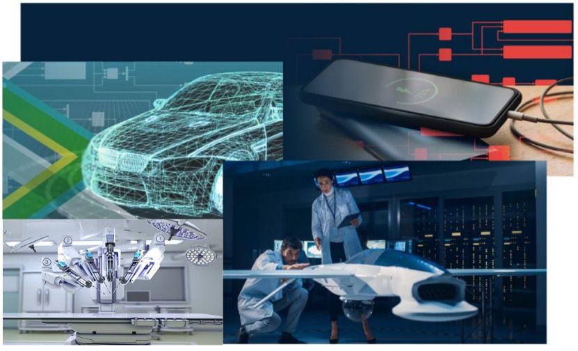 A photo collage of various technologies, including an aircraft, smartphone, and car with sensors.