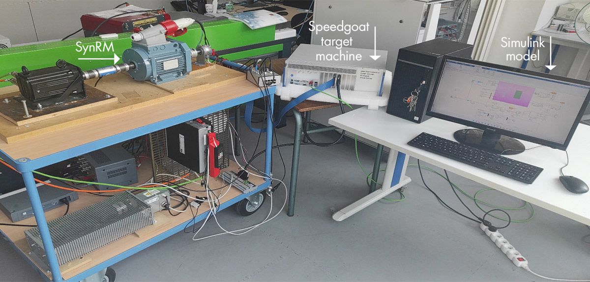 A SynRM is connected to a target machine running Speedgoat. Simulink is running on a computer to the right of target machine.