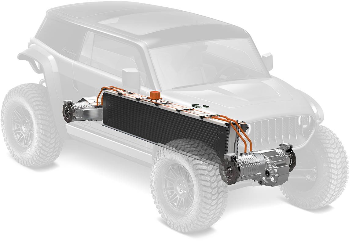 Transparent image of the Brawley UTV model showing the powertrain.