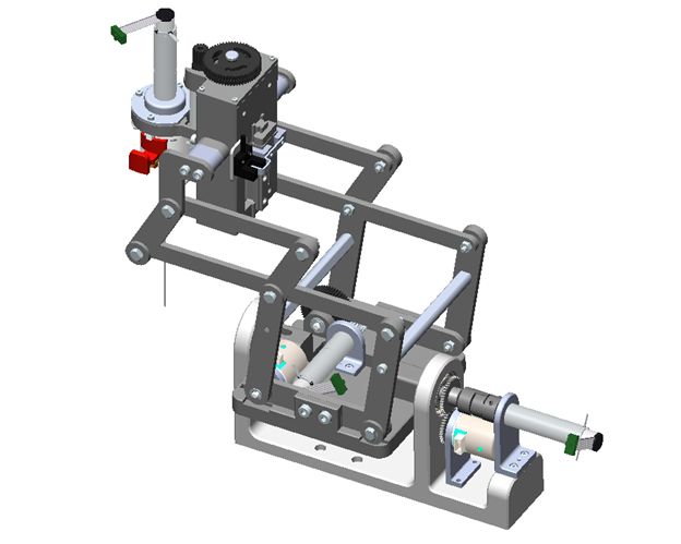 A SolidWorks assembly of the double-parallelogram structure with the remote center of motion point identified.