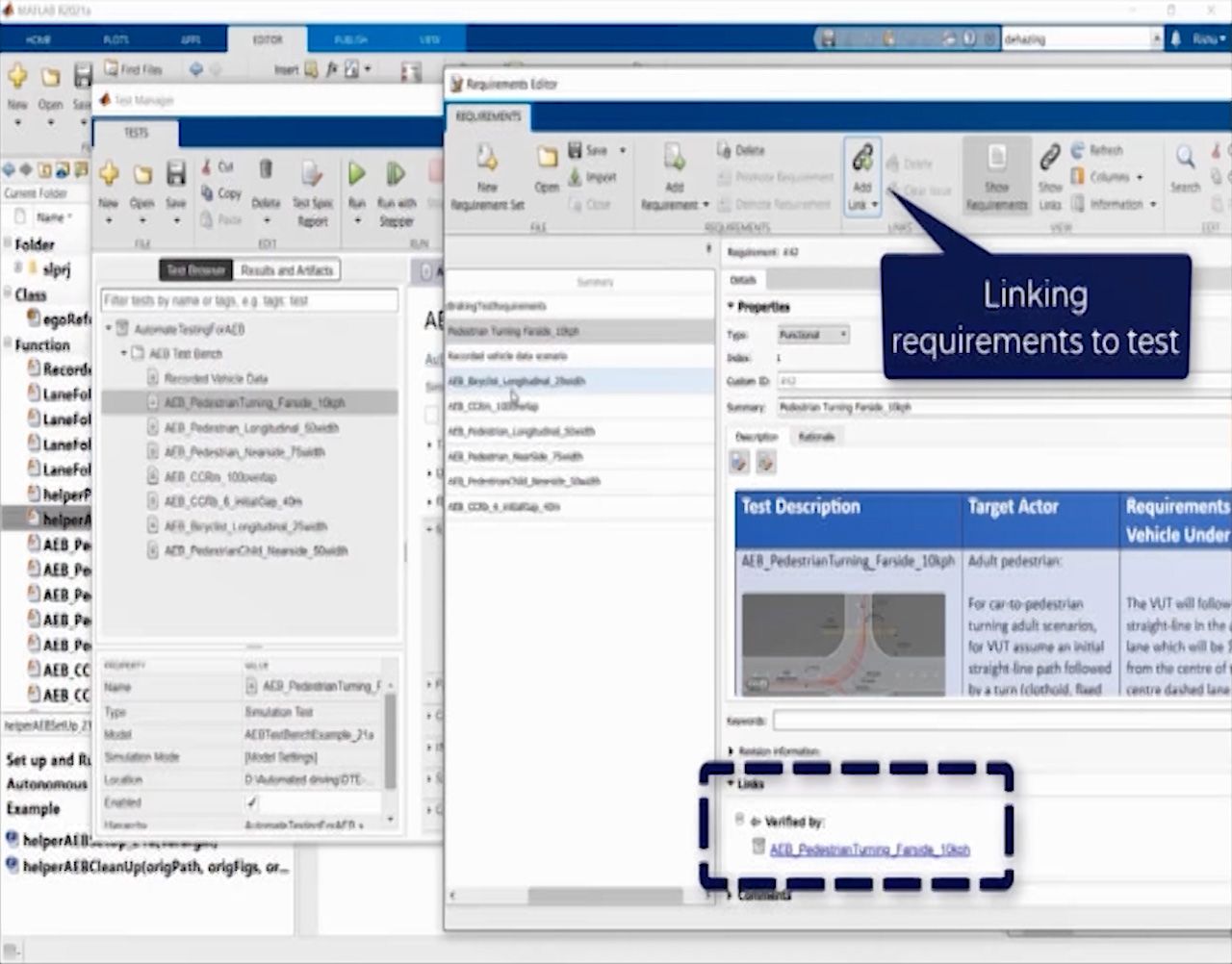 Screenshot of the Requirements Editor app showing linking a requirement to an associated test.