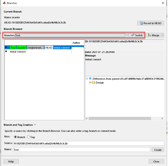 Branches dialog showing the Test branch selected in the Branch Browser.