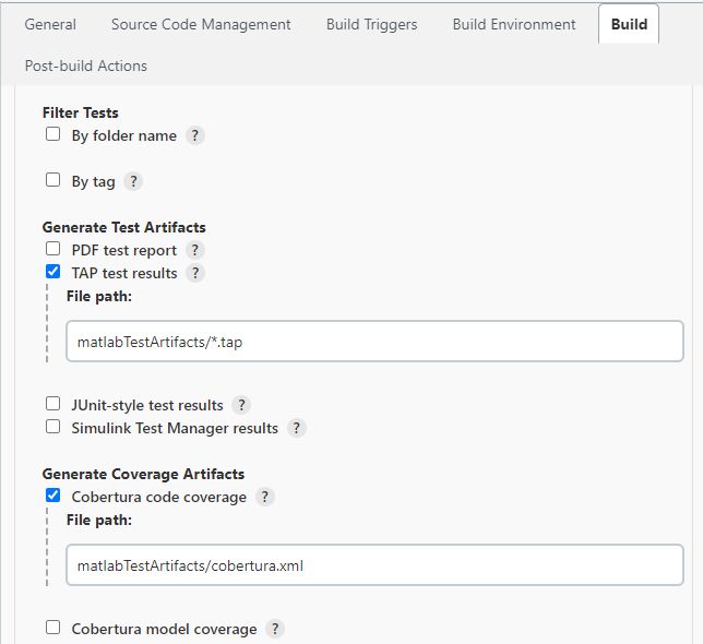 Another screenshot of the Build tab. Under “Generate Test Artifacts,” TAP test results is filled in with a form for the path. Under “Generate Coverage Artifacts,” Cobertura code coverage is selected with a form for the path.