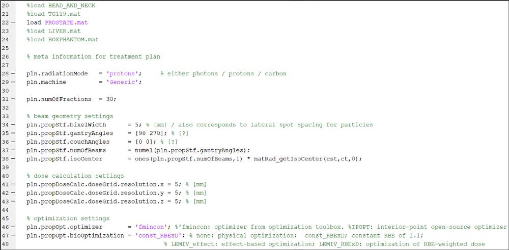 Figure 2. A segment of the matRad script for setting the treatment plan parameters used for the plan displayed in Figure 1.