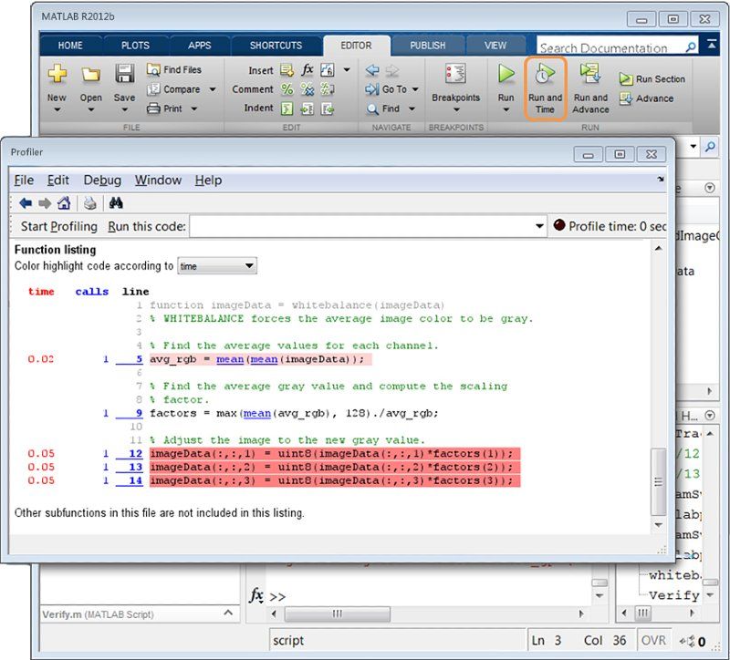 Measuring execution time of the white balance function with the MATLAB Profiler