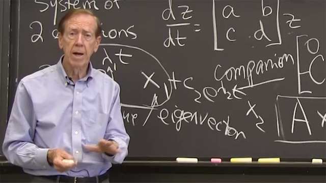 A second order equation gives two first order equations for <em>y</em> and <em>dy/dt</em>. The matrix becomes a companion matrix.