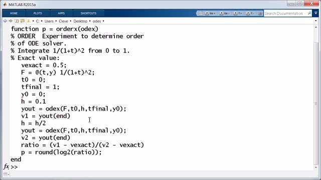 The digits in the name of a MATLAB ODE solver reflect its order and resulting accuracy. A method is said to have order p if cutting the step size in half reduces the error in one step by a factor of two to the power p+1.