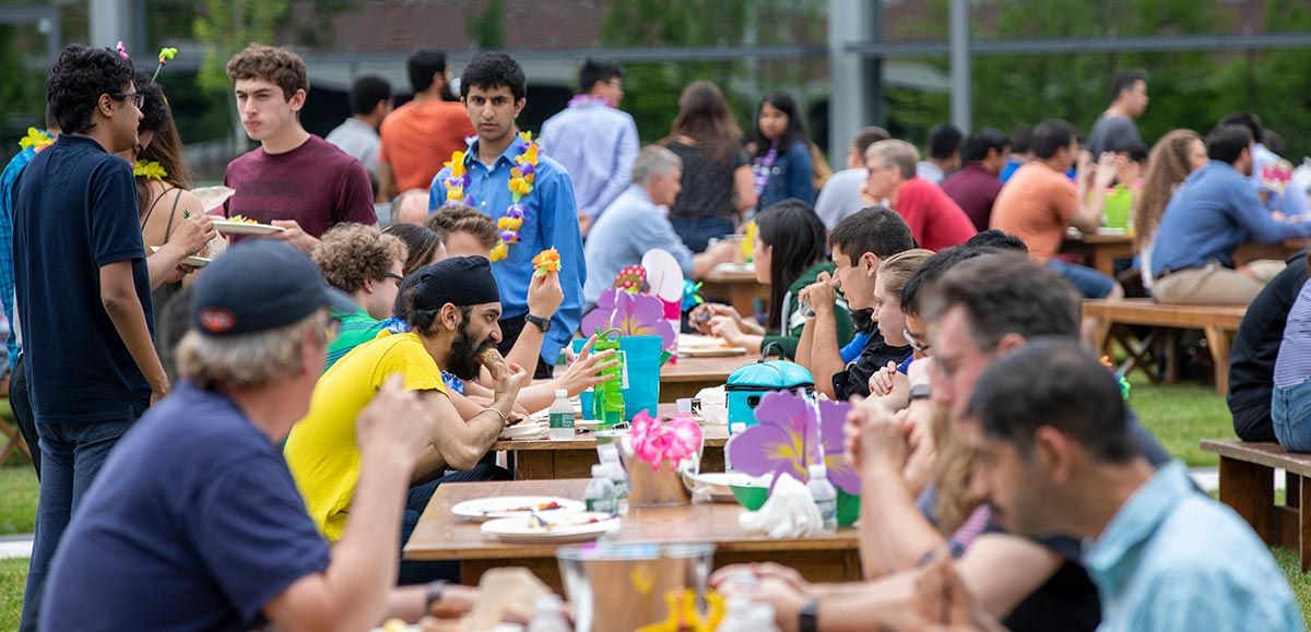 Rows of picnic tables with staff members having lunch. 