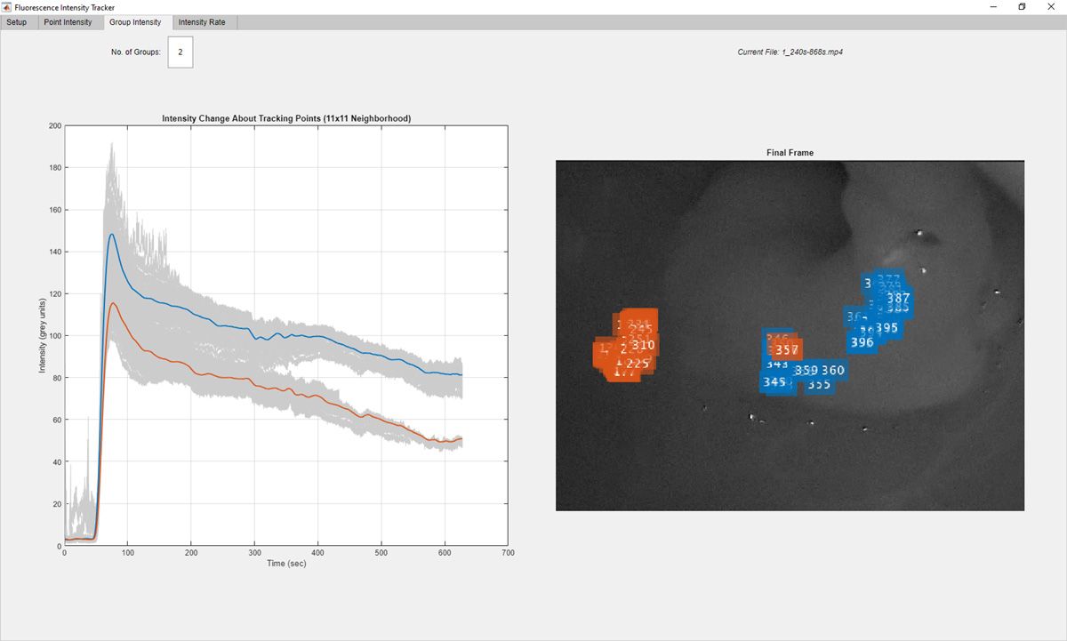 A graph showing an intensity profile mapped from an image of control tissue and a rectal tumor