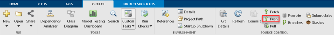 MATLAB Project tab with a Source Control section with a Push button.