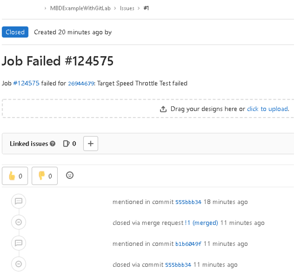 The job failure ticket in GitLab showing the commit history and closed status.