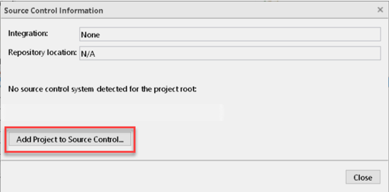 Source Control Information dialog showing the Add Project to Source Control button.