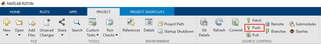 A screenshot of the MATLAB project tab with the Push button selected.
