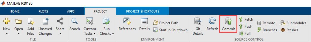 A screenshot of the MATLAB project tab with the Commit button highlighted.