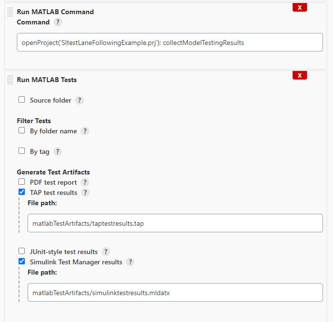 A screenshot of the pop window of Build step. The form for Run MATLAB command is filled with command to collect model testing results. This form has been placed before the Run MATLAB tests build step.