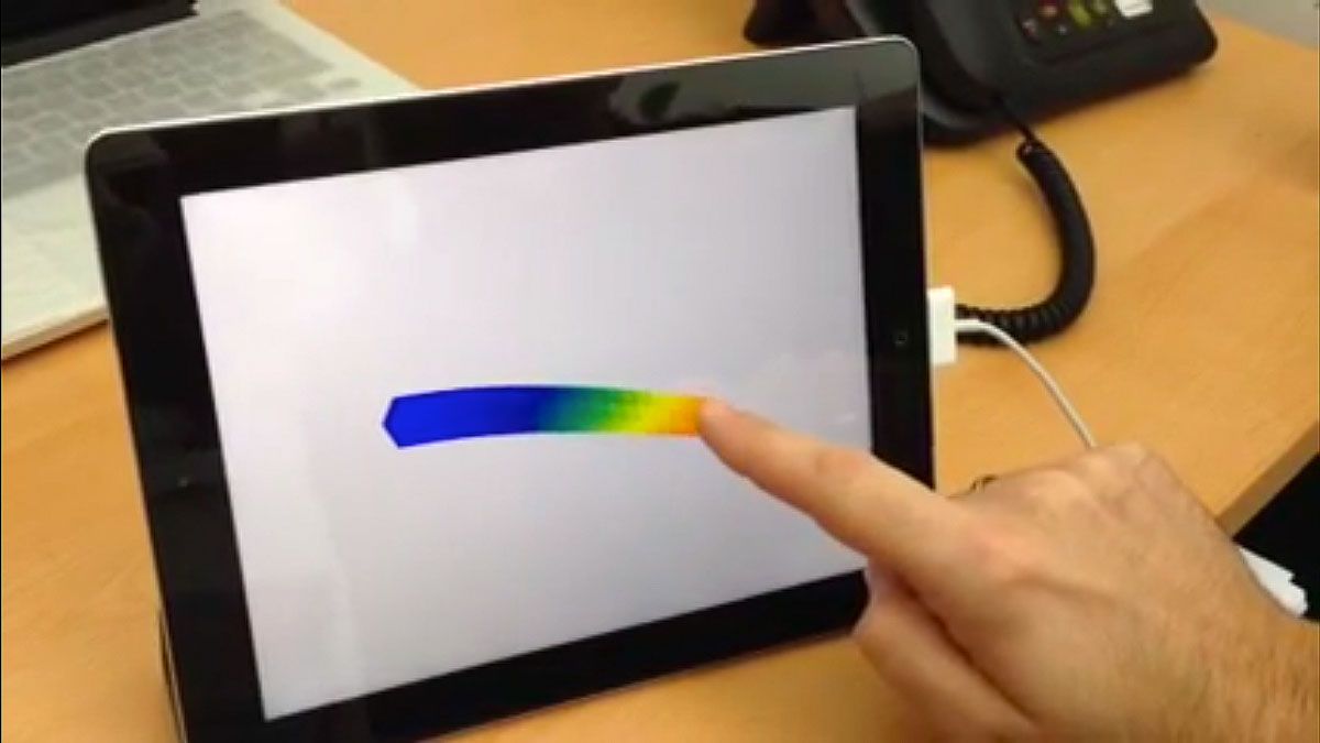 Abbildung 3: Interaktive iPad-App, die eine Biegung eines Balkens  als Reaktion auf eine Belastung an der Stelle simuliert, an der der Finger des Benutzers den Bildschirm berührt.