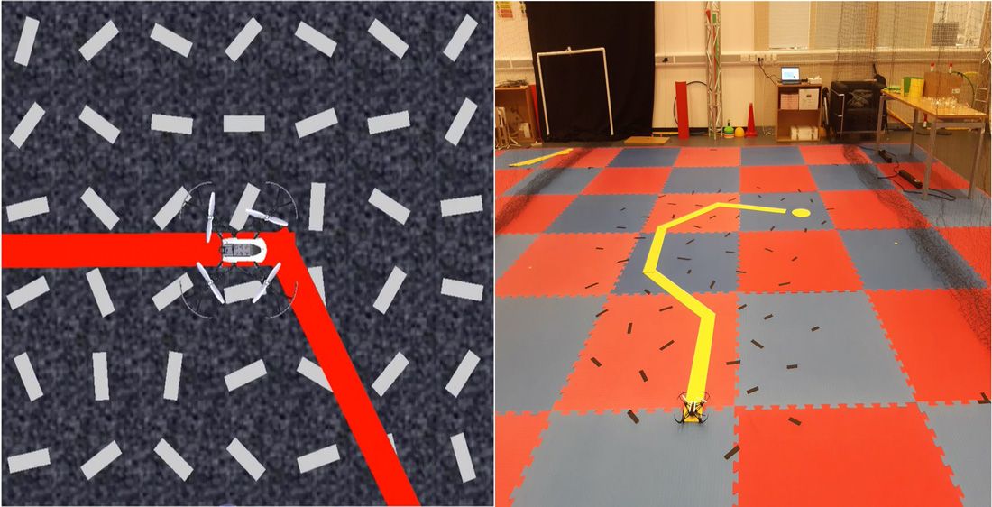 Two side-by-side images, one of a simulated view from above of the Parrot minidrone flying and the other of the Parrot drone and flight path at the minidrone competition.