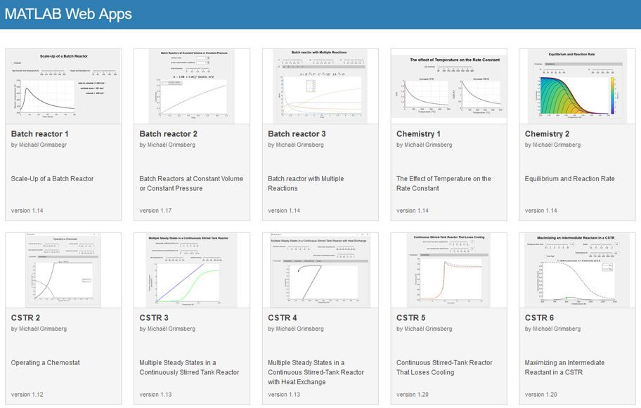 Figure 1. MATLAB web apps used in Reaction Engineering.