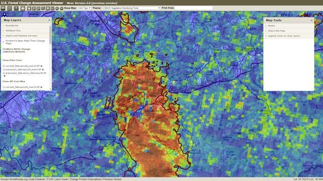 U.S. Forest Change Assessment Viewer map showing vegetation changes in Gatlinburg, Tennessee, following a 2016 fire.