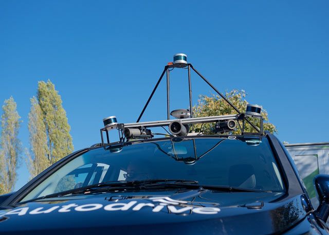 Roof-mounted sensors on the autonomous vehicle.