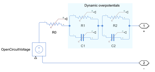 Screenshot of battery model showing the block circuit topology with two time-constant dynamics and no self-discharge resistance.