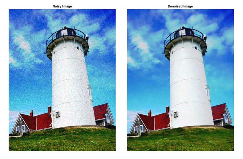 Ein verrauschtes Bild und das entrauschte Bild eines Leuchtturms nebeneinander zum Vergleich. Rauschen wird mithilfe von MATLAB mit einem rauschunterdrückenden Convolutional Neural Network entfernt. 