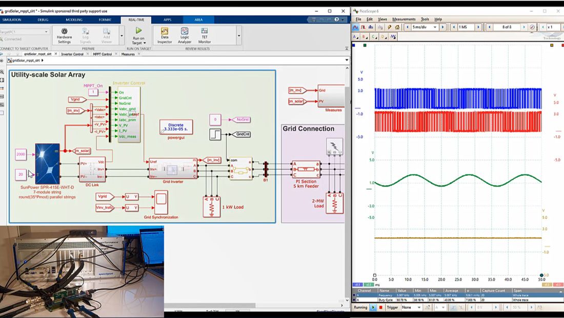 Eine Gegenüberstellung mit dem Simulink-Modell, dem Schaltverhalten aus der Simulationsausgabe und dem Hardwaresystem zum Testen des Regelungsentwurfs für Leistungselektronik.