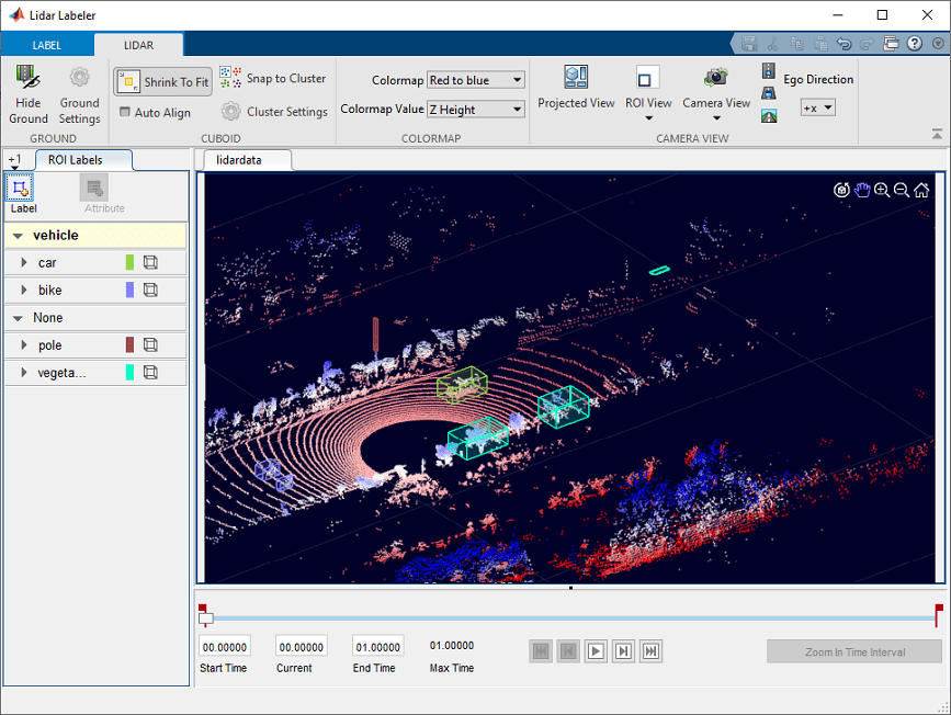 Kennzeichnung von LiDAR-Punktwolken (Definition der Ground Truth) mithilfe der Lidar Labeler-App.