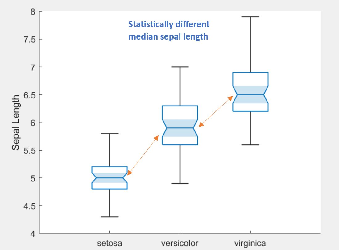 Screenshot eines Boxplots, der mit den Ergebnissen einer in MATLAB durchgeführten einseitigen MANOVA erstellt wurde und zeigt, dass sich die mediane Kelchblattlänge bei den einzelnen Blumenarten statistisch unterscheidet.