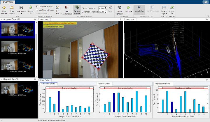 Lidar Camera Calibrator-App. Schätzen Sie die starre Transformation zwischen einem 3D-LiDAR und einer Kamera ab.