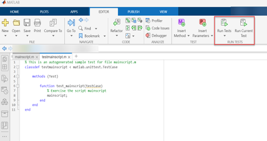 Screenshot der Befehlsleiste im MATLAB Editor mit den Symbolen „Run Tests“ und „Run Current Test“.
