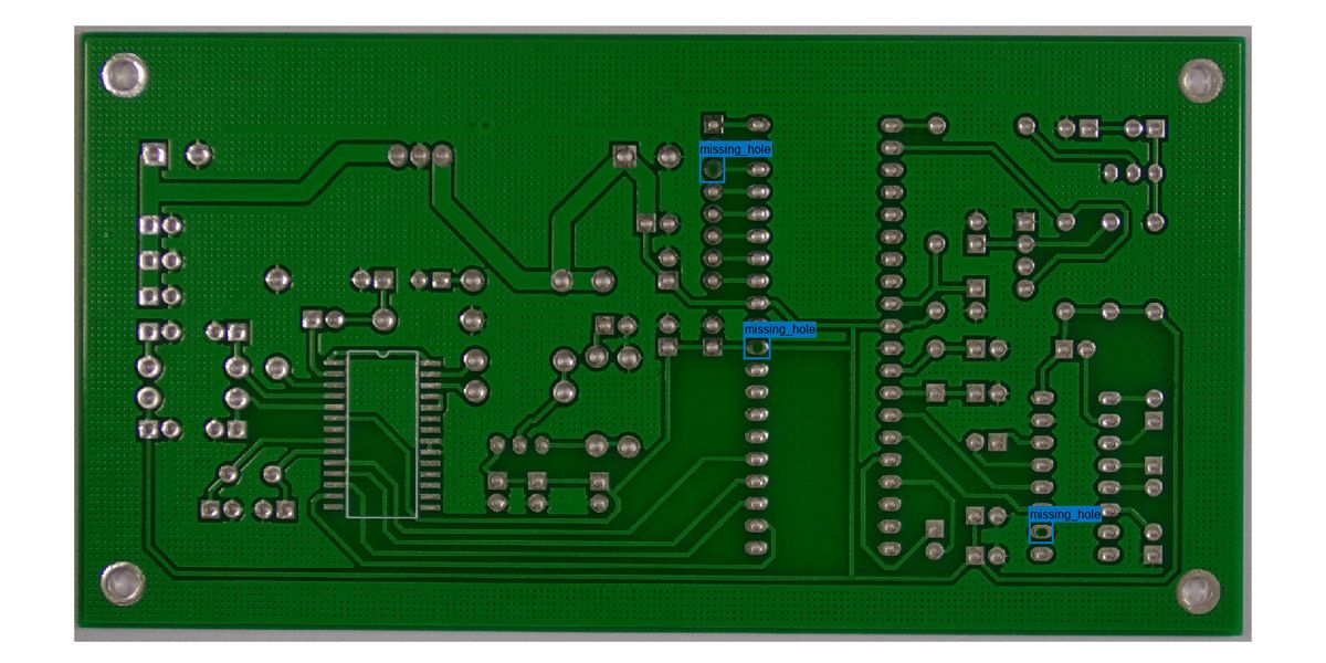 Screenshot der Ergebnisse der Anomalieerkennung in Leiterplatten mithilfe der Objekterkennungsmethode YOLOX.