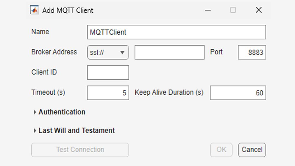Dialogfeld mit den Konfigurationsoptionen für den MQTT-Simulink-Block.