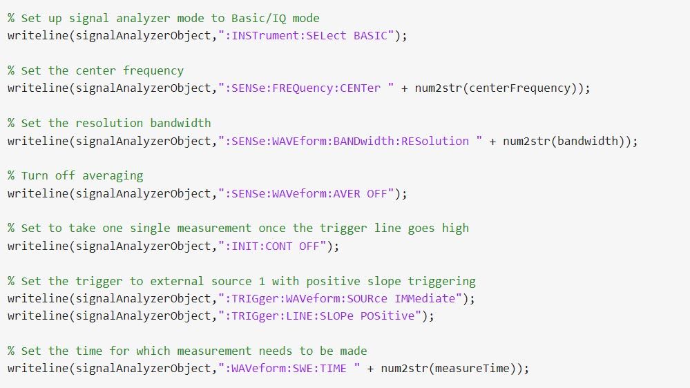 Auszug aus MATLAB Programmcode, der textbasierte SCPI-Befehle zum Ändern der Frequenzeinstellungen eines Signalanalysators zeigt.