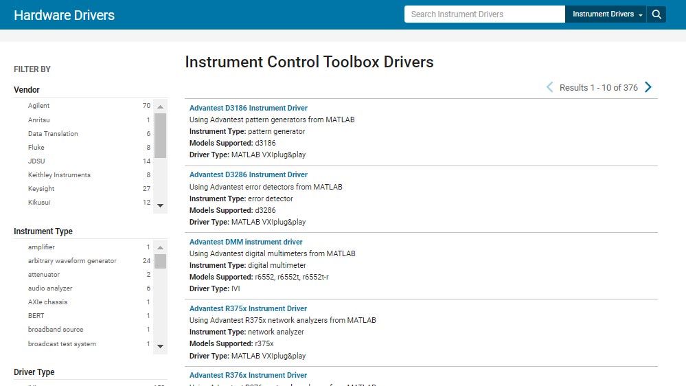 Das Instrument Control Toolbox Driver Such-Tool dient zum Auffinden von IVI- und VXIplug&amp;play-Treibern und bietet Optionen für die Suche nach Gerätetyp, Treiber und Gerätehersteller.