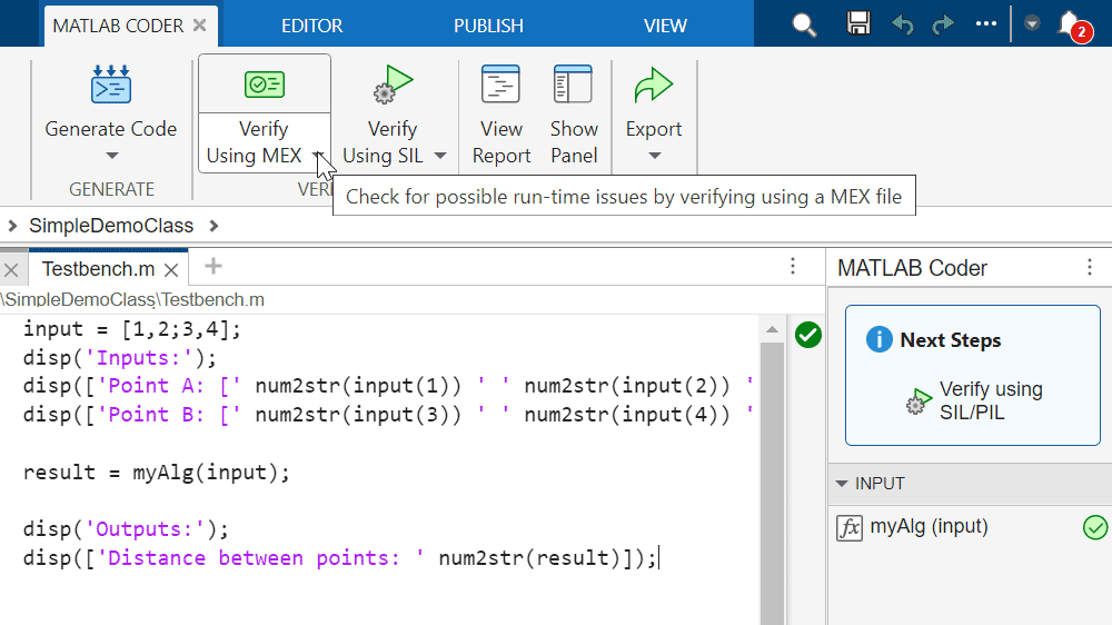 Screenshot der MATLAB Coder-App während der Verifikation von Code für MEX-Funktionen.