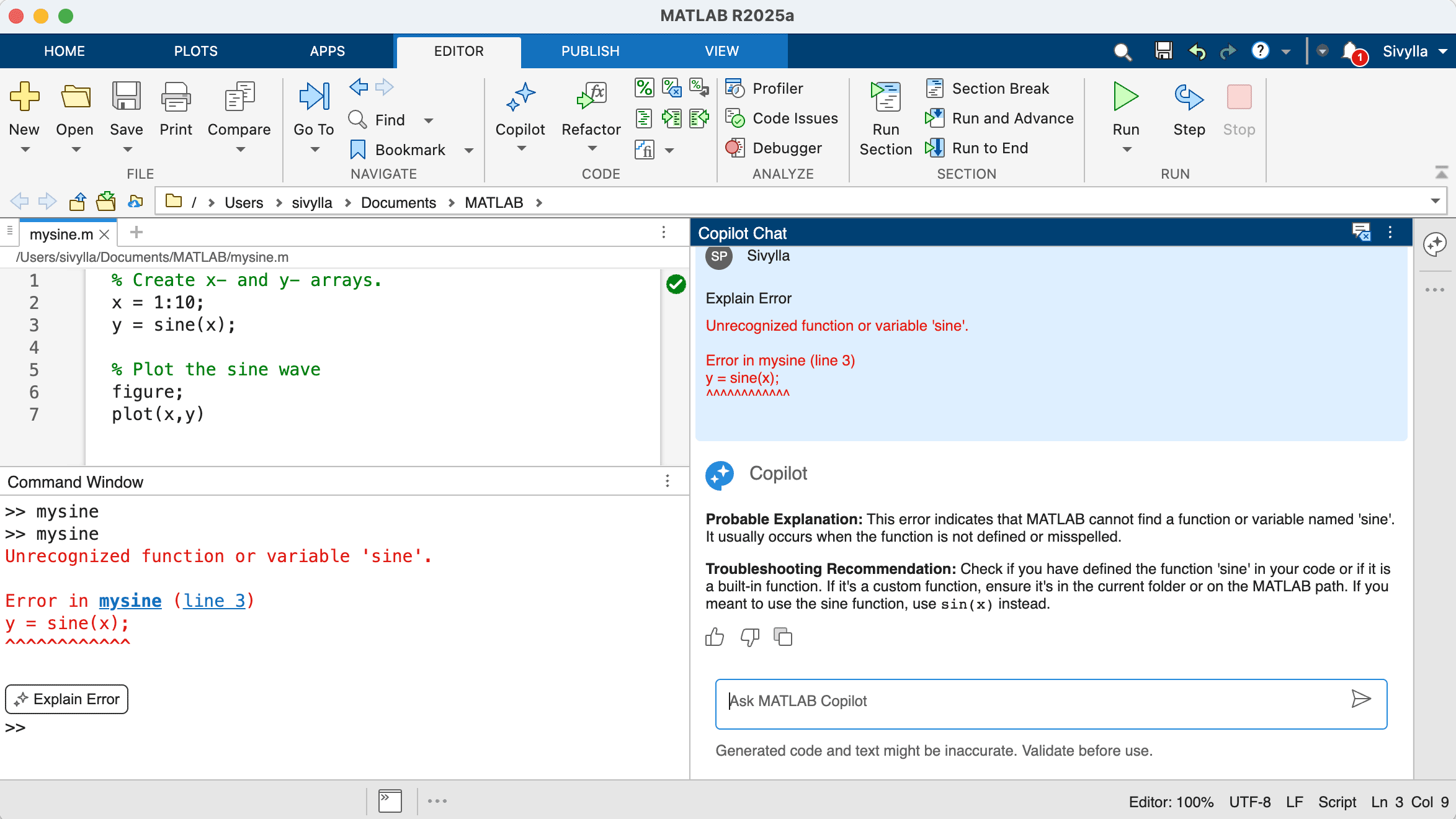 MATLAB Copilot erklärt einen Fehler, indem er eine wahrscheinliche Erklärung und Empfehlungen zur Fehlerbehebung bereitstellt Screenshot des MATLAB Desktops mit einer Codezeile, die einen Fehler erzeugt hat, sowie einer Erklärung und einer Empfehlung zur Fehlerbehebung von MATLAB Copilot.