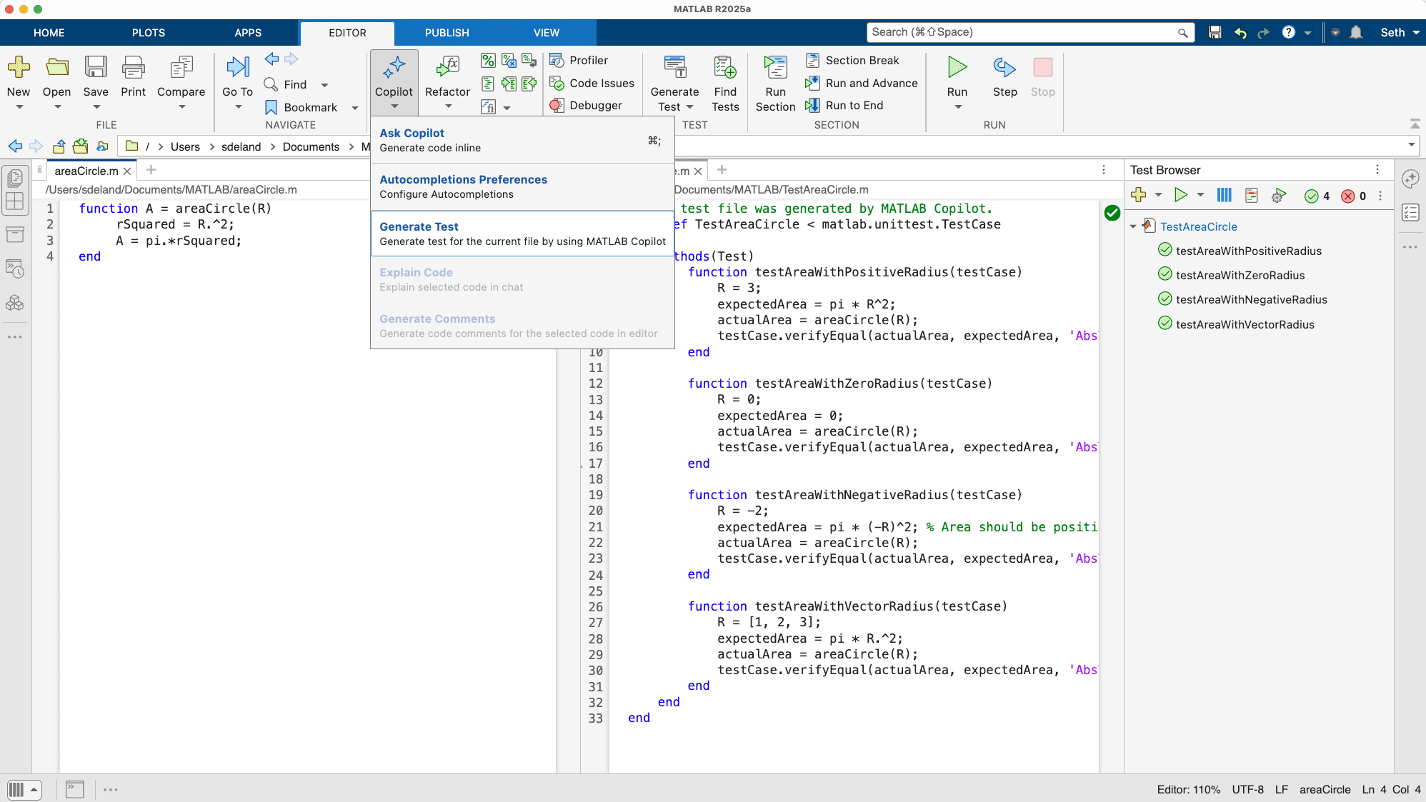 MATLAB Copilot generiert eine Testdatei mit Unit-Tests für Ihren Code Screenshot des MATLAB Desktops mit zwei Fensterbereichen: Links wird eine einfache Funktion zur Berechnung der Fläche eines Kreises angezeigt, rechts eine Testdatei mit Unit-Tests für die Funktion.