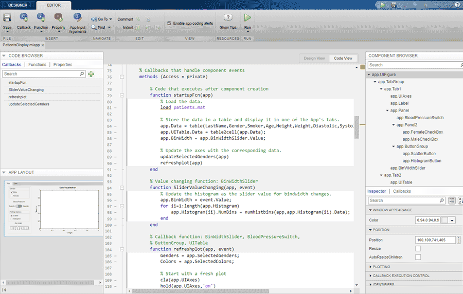 Definieren des Verhaltens Ihrer App mit der Code-Ansicht in App Designer.