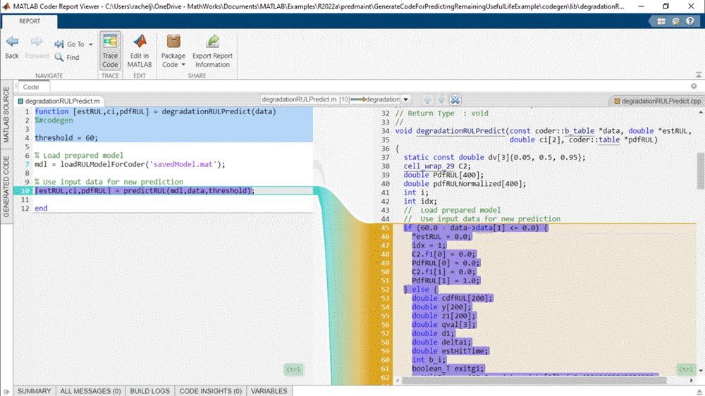 Ein MATLAB Coder Report zeigt auf der linken Seite MATLAB Programmcode für eine RUL-Vorhersagefunktion und auf der rechten Seite den entsprechenden C++ Code. Eine farbige Region bildet eine einzelne Zeile MATLAB Programmcode auf mehreren Zeilen C++ Code ab.