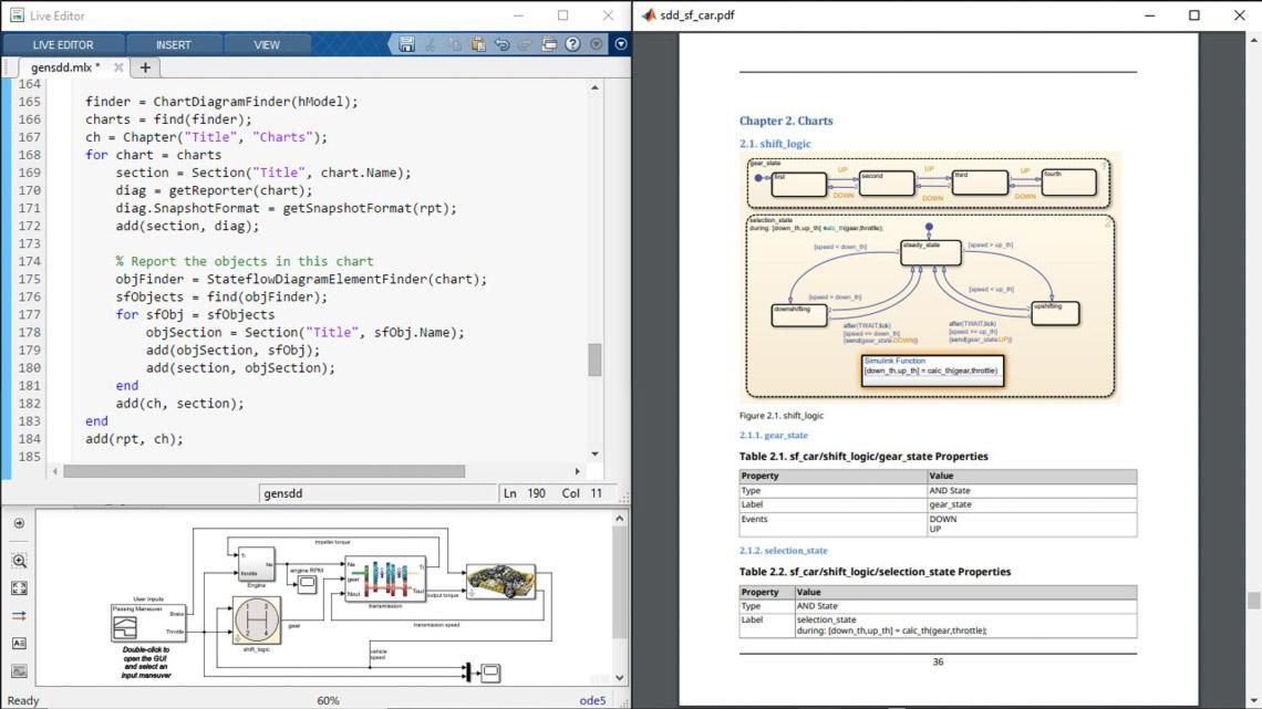 MATLAB Code mit Finder-Objekt links und entsprechender PDF-Ausgabe rechts.