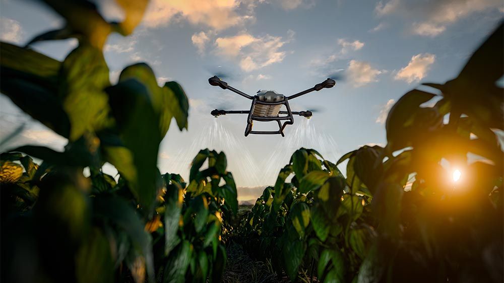 Drone flying over a field.
