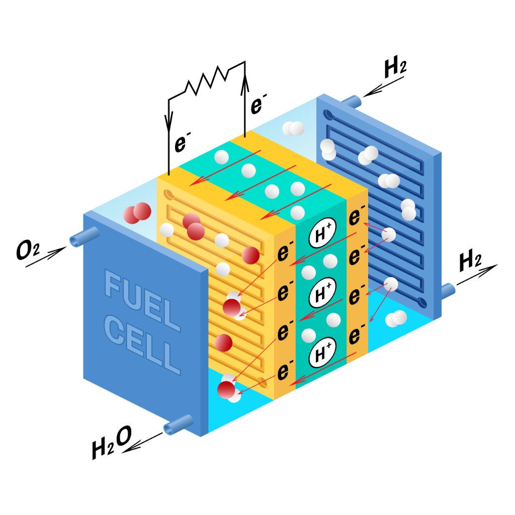 Darstellung einer PEM-Brennstoffzelle mit dem Sauerstoff- und Wasserstofffluss sowie der chemischen Reaktion zur Erzeugung von Strom und Wasser.