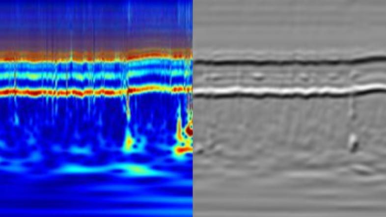 Side-by-side images of signals: one in color and the other in gray scale.