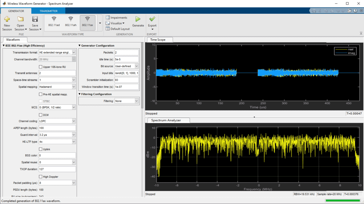 Screenshot des Fensters „Spektrumanalyse im Wireless Waveform Generator“.