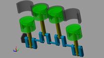 Define rigid bodies and assemble them to model a piston. Reuse piston components to model a four-cylinder engine.