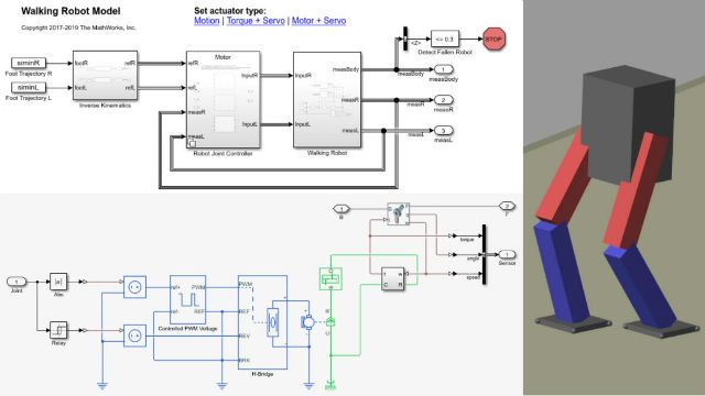 Learn how to model a bipedal walking robot using Simscape, including physical contact forces, actuator models, and controllers.