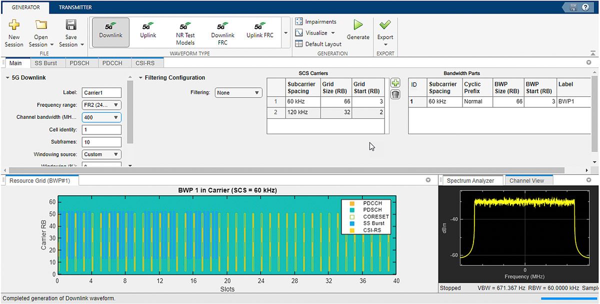 Screenshot of the Wireless Waveform Generator app enabling 5G custom (completely user-defined) waveform generation.