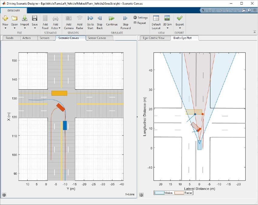The app shows a scene canvas on the left, and a bird’s eye view of the scene on the right. The left side displays an intersection with multiple cars including a blue ego car traveling north.  The right side shows the same intersection from a bird’s eye view with a camera sensor and radar sensor detections from the ego vehicle.