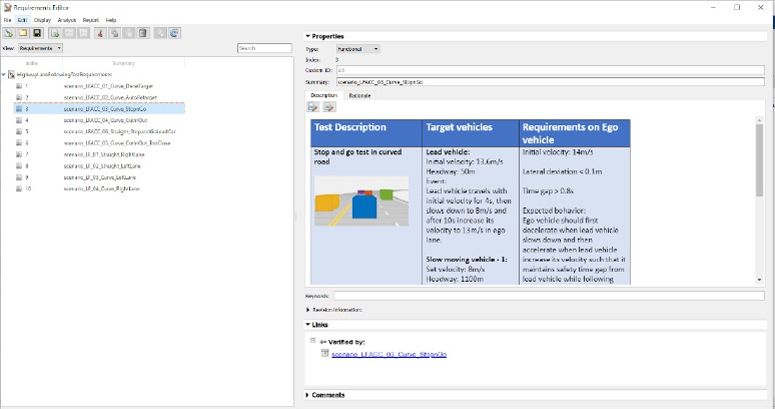 Requirements Editor with a file viewer on the left and properties on the right. The properties panel shows a test table for stop-and-go testing on a curved road. The table describes the target vehicles and requirements for the ego vehicle.